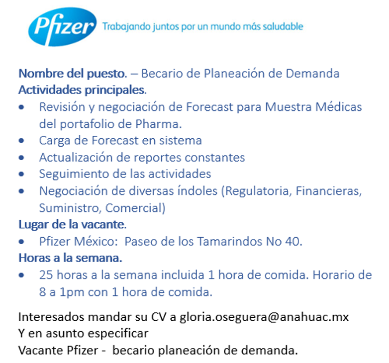 Vacante Pfizer -  Becario Planeación de demanda.