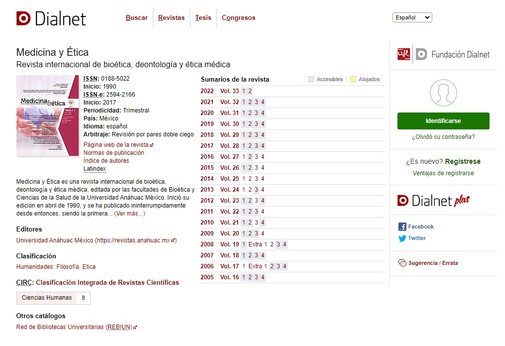 La revista Medicina y Ética de la Facultad de Bioética se indexa en Dialnet
