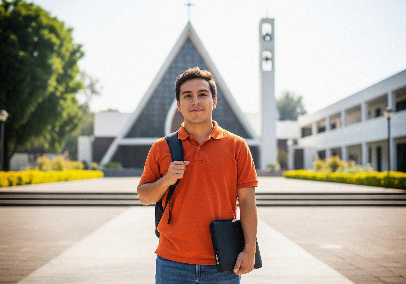 Estudiante de administración pública y finanzas de pie con actitud segura en un entorno académico moderno, representando liderazgo, profesionalismo y colaboración.
